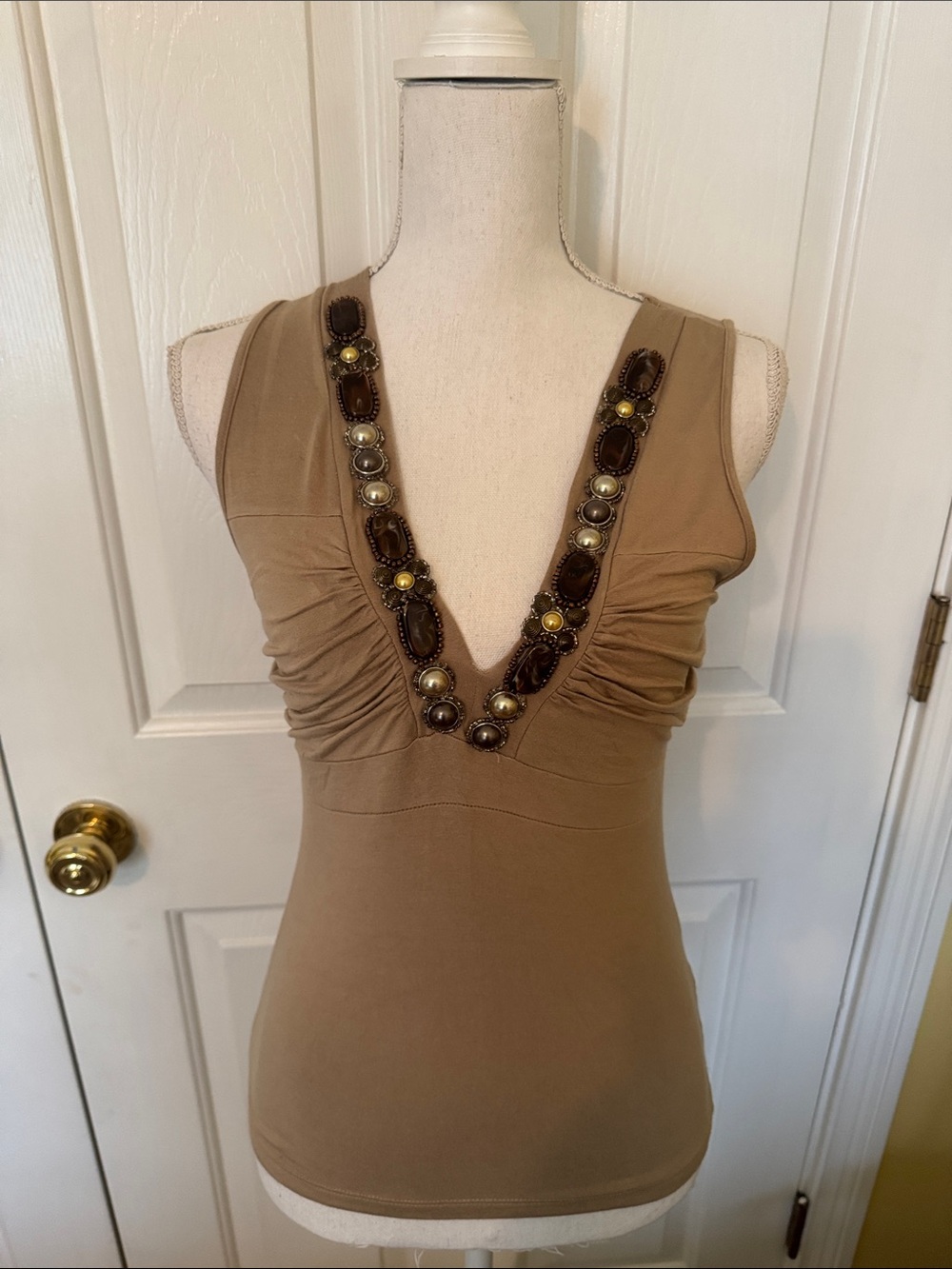 Caché Vintage Khaki Tan V-Neck Top w/ Amazing Embellishments